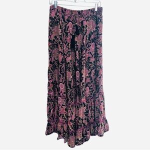 Chelsea‎ Theodore Maxi Skirt Black Pink Paisley Floral Elastic Waist Boho Size L